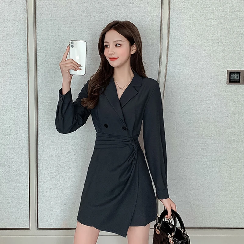 

Женское короткое двубортное платье-блейзер, модное винтавечерние ное праздничное платье мини с длинным рукавом, элегантное яркое однотонн...