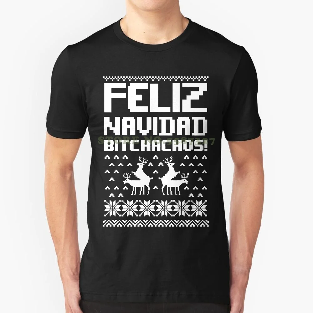 

Feliz Navidad Bichachos, Уродливый Рождественский свитер, забавная Рождественская футболка, подарок, Новое мужское весенне-летнее платье с коротким р...