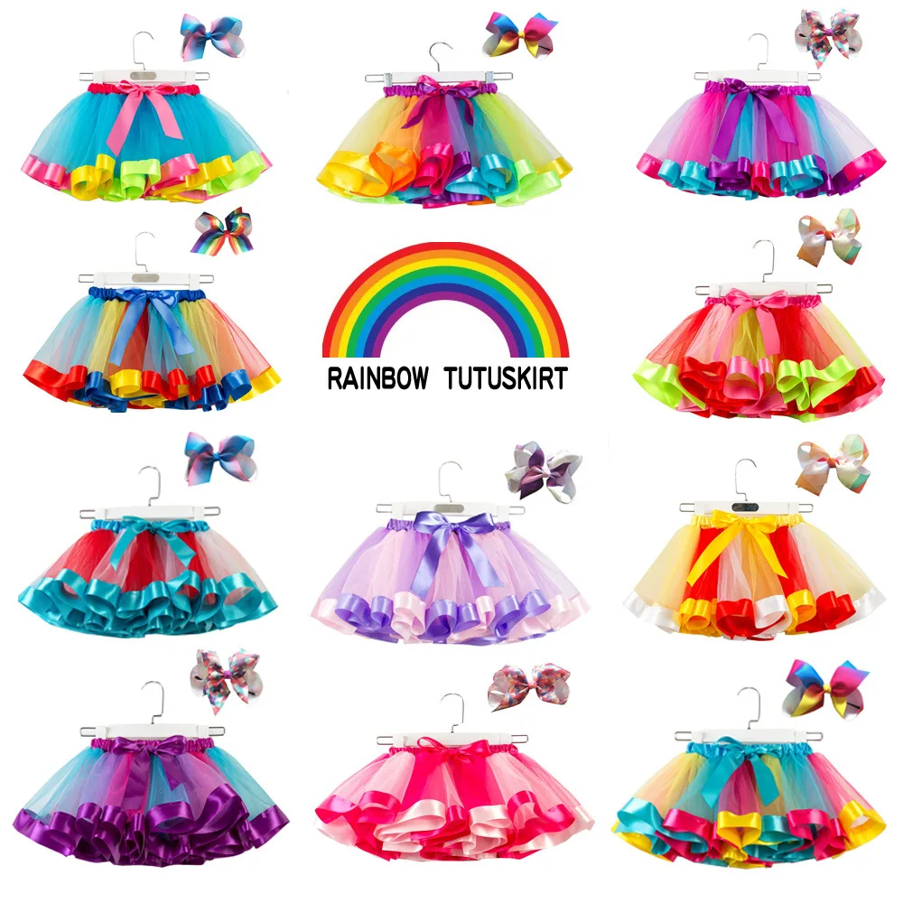 

Net Yarn Rainbow Tutu Skirt Children's Tutu Half-length Princess Dress With Bow Headdress Baby Girl Skirt Kids Clothes 2 to 11