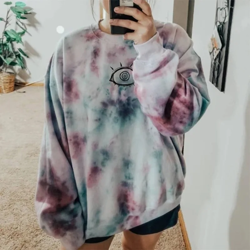 

Single Eye Tie Dye Printing Sweatshirt Women Fashion Loose Long Sleeve Thin Winter Clothes Plus Size Pullover Tops Hip Hop Style