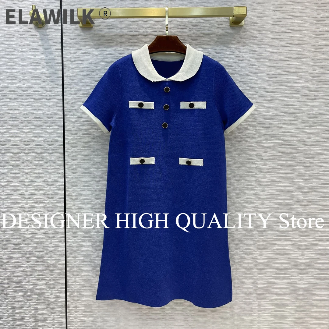 

Женское трикотажное платье в стиле преппи, повседневное прямое платье из смесовой шерсти и хлопка с воротником «Питер Пэн» и коротким рукав...