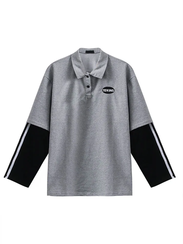 

hip hop Fake two pieces patchwork loose T-Shirts spring autumn Korean long sleeve tees turn-down collar Women's Clothing tops
