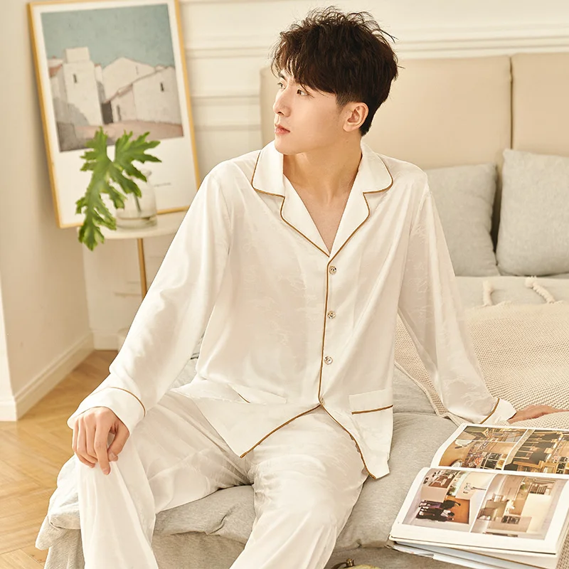 

new Satin Pajamas men's spring and summer silk long sleeve trousers jacquard thin home suit 2205