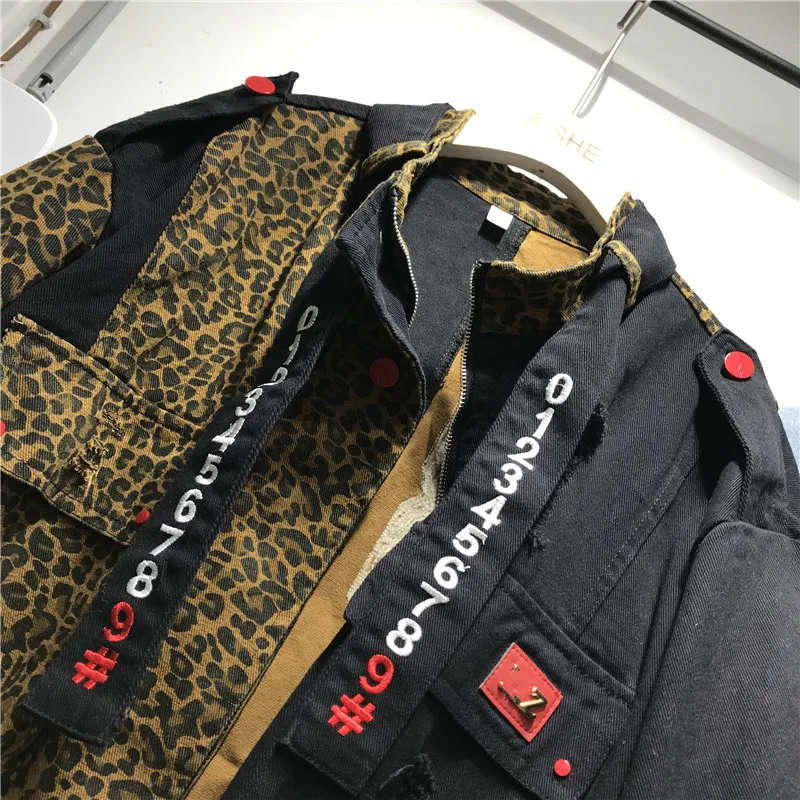 Джинсовая куртка женская с леопардовым принтом свободная короткая джинсовая