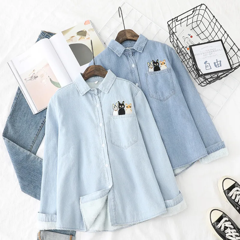 

Women Blouses Shirts Tunic Womens Tops 2020 Womenswear Long Sleeve Clothing Button Up Down Thick Velvet Winter Cat Jeans Denim