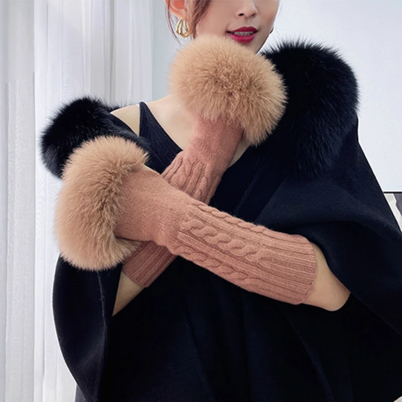 ZDFURS*New Fox Wool cuffs fur fur gloves elastic wool knitted  half finger black قفازات جلدية نسائية перчатки  guantes de cuero