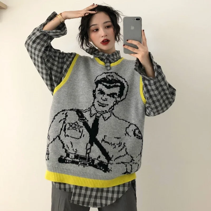 Vintage Cartoon Printed Knitted Sweater Vest Casual Sleeveless Loose Pullover Tank Tops Female Oversized Pullovers Femme