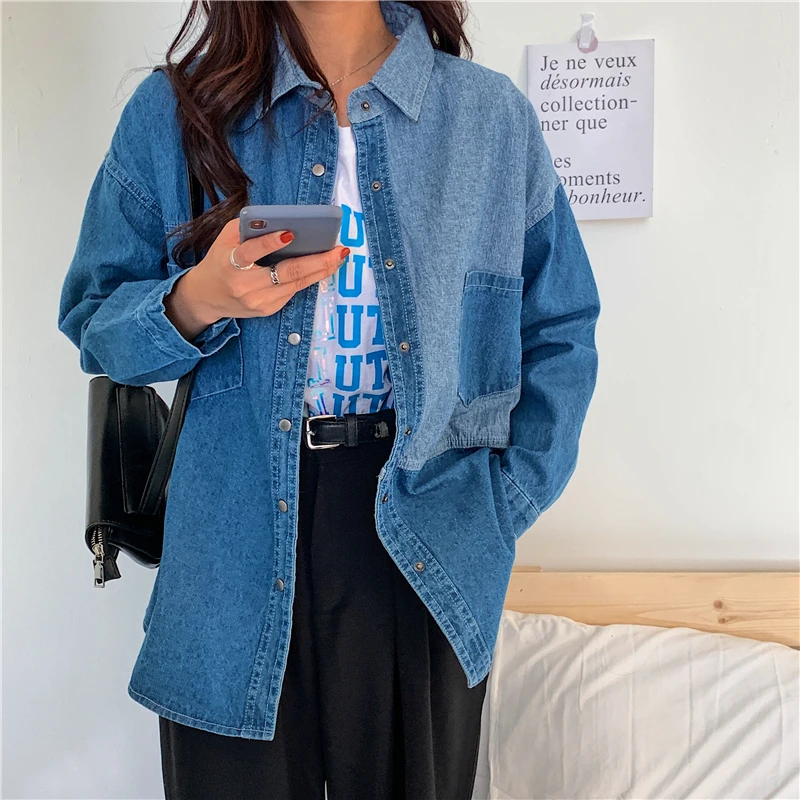 HziriP OL Style Elegant Women Denim Blouse 2020 New Long Sleeve Stitching Loose Jeans Shirt Vintage Office Ladies Tops Blusas |