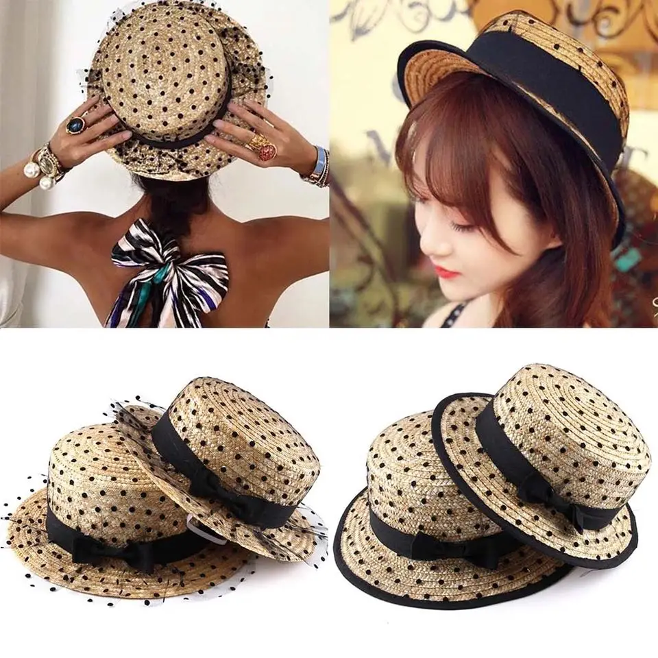 Женская Соломенная шляпка в горошек с кружевом и бантом ручной работы