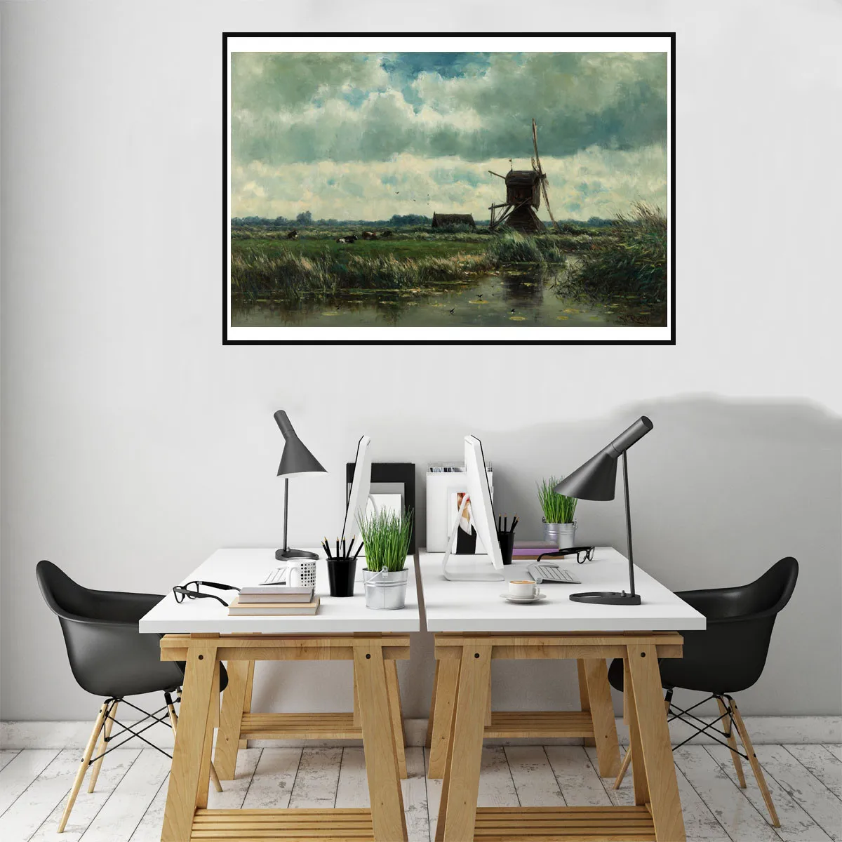 

William Lerows Stream Water Windmill Scenery Tree Hanging Picture Poster Canvas Print Painting Wall Art Living Room Decoration