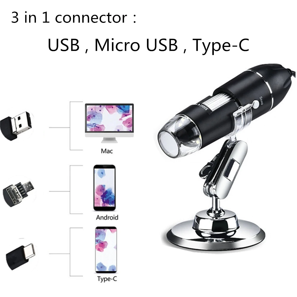 1000X 8 светодиодный Type C / Micro USB цифровой микроскоп для пайки 2 МП электронный