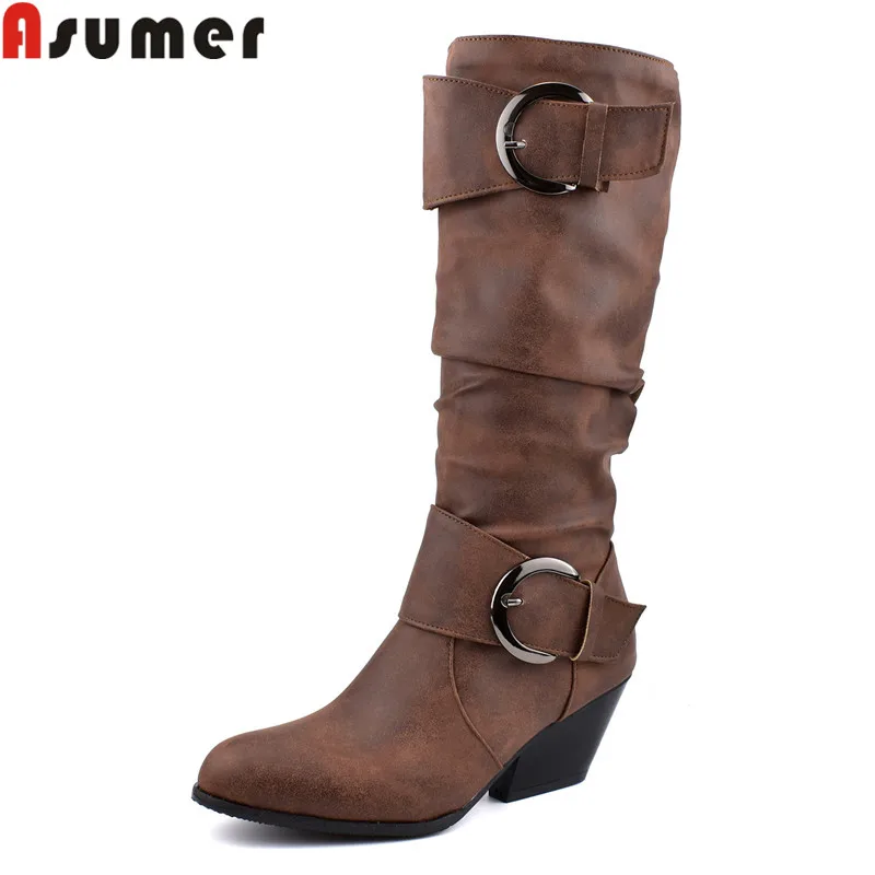 

ASUMER/Большие размеры 34-48; Модные сапоги до колена; Женские сапоги с круглым носком; Сезон осень-зима; Мотоботы на толстом высоком каблуке; Женс...