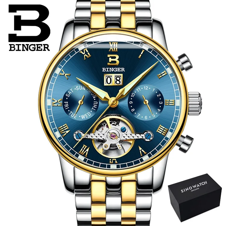 steel Cgold blue Двойной турбийон, швейцарские часы Бингер, оригинальные мужские автоматические часы, модные мужские механические наручные часы с кожаным ремешком - Цвет: steel Cgold blue