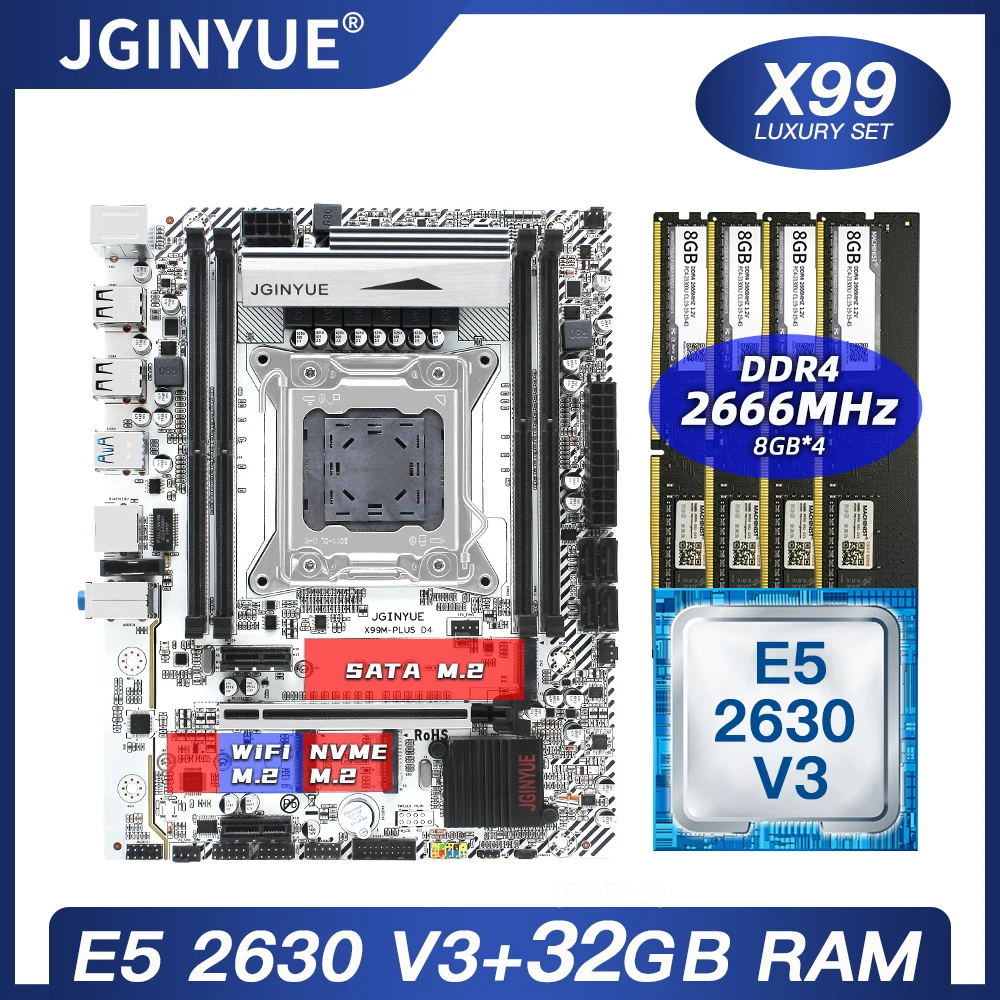 Billig X99 Motherboard LGA 2011-3 Set Kit Mit Intel Xeon E5 2630 V3 Prozessor DDR4 32GB(4*8GB) 2666MHz RAM Speicher M-ATX X99M PLUS D4