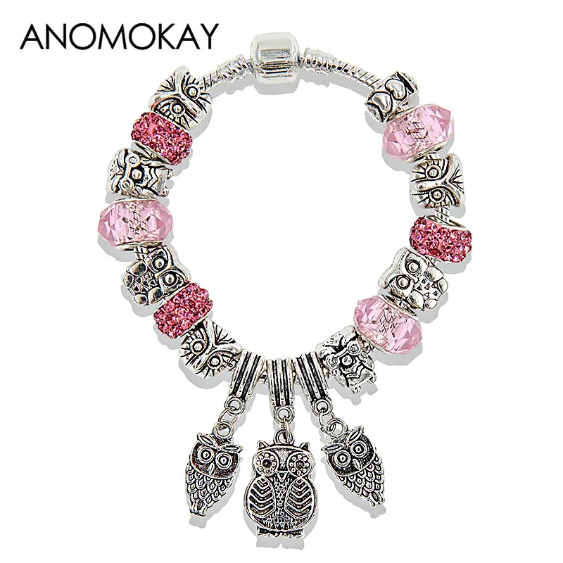 Женский браслет с подвеской в виде совы посеребренный розовый синий фиолетовый