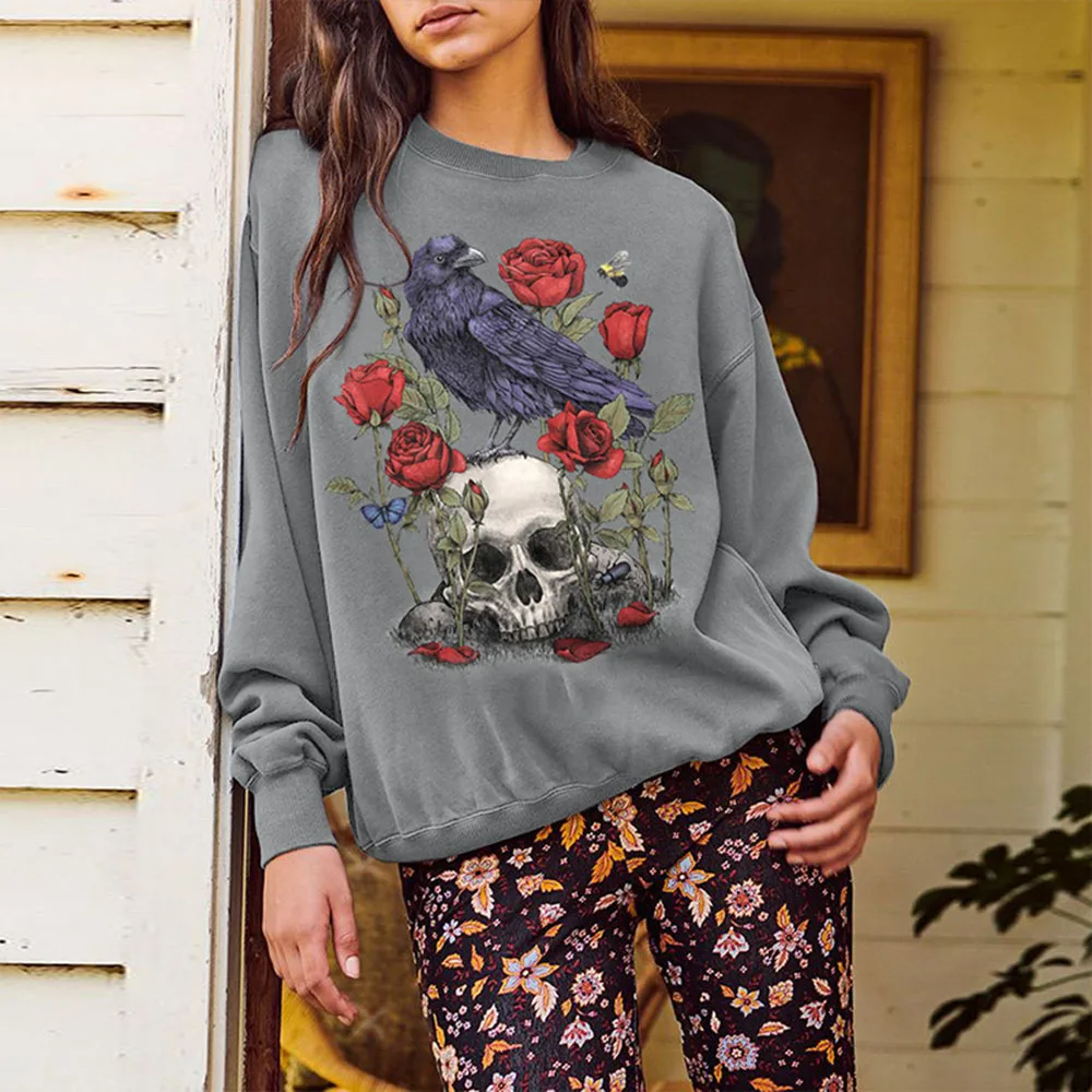

2021 Autumn Winter New Hoodie Fashion Temperament Womens Solid Color Skull Printing Round Neck Long Sleeve Pullover Tops