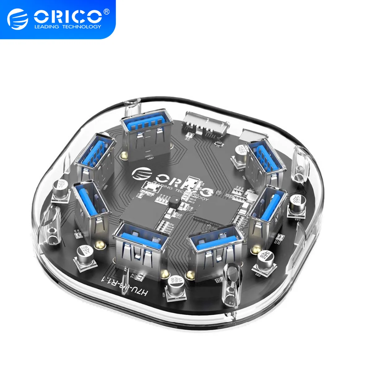 Прозрачный Настольный Концентратор ORICO с 7 портами s USB3.0 внешним портом питания 1 м