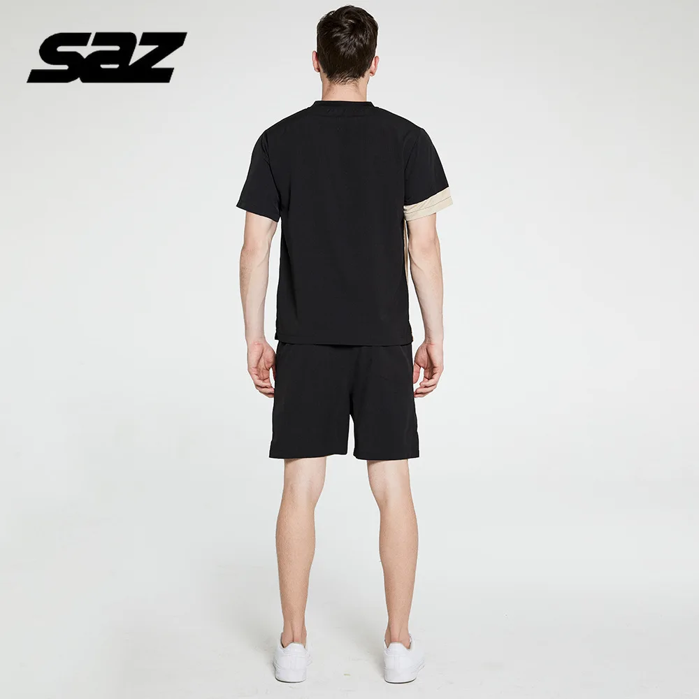 

SAZ New Summer Fitness Suit 2 Piece Set Patchwork Button Small Neckline Short Sleeve T-shirt Sportpants Men's Tracksuit