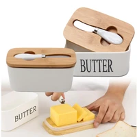 nordic ceramic container storage tray dish cheese food tool kitchen keeper wood cover sealing plate with knife sealed can