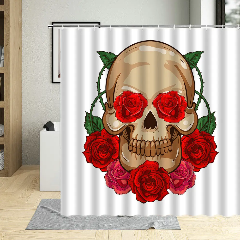 

Rose Flowers Skull Shower Curtain Creativity Cartoons Painting Interesting Bathroom With Hook Waterproof Washable Fabric Suit
