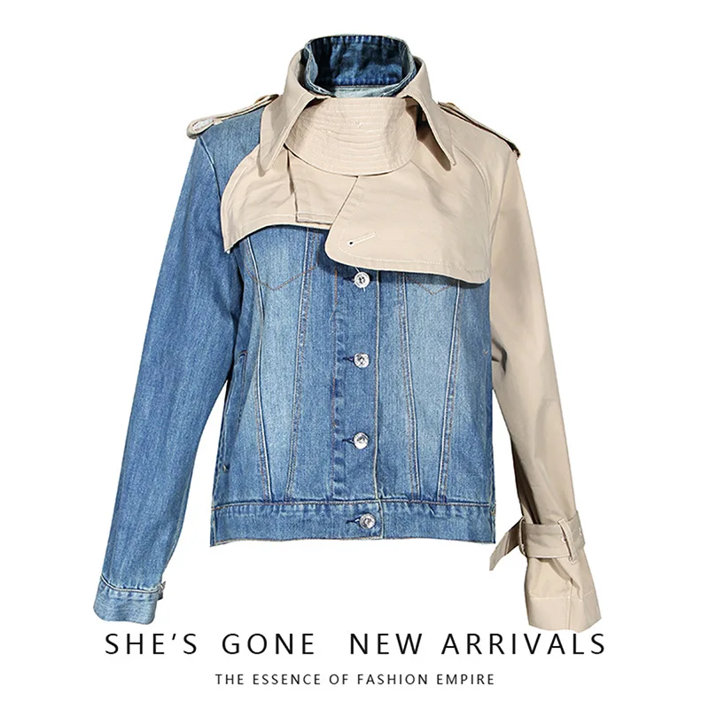 

Loose Fit Khaki Split Denim Big Size Jacket New Stand Collar Long Sleeve Women Coat Fashion Tide Spring Autumn 2020 Y272