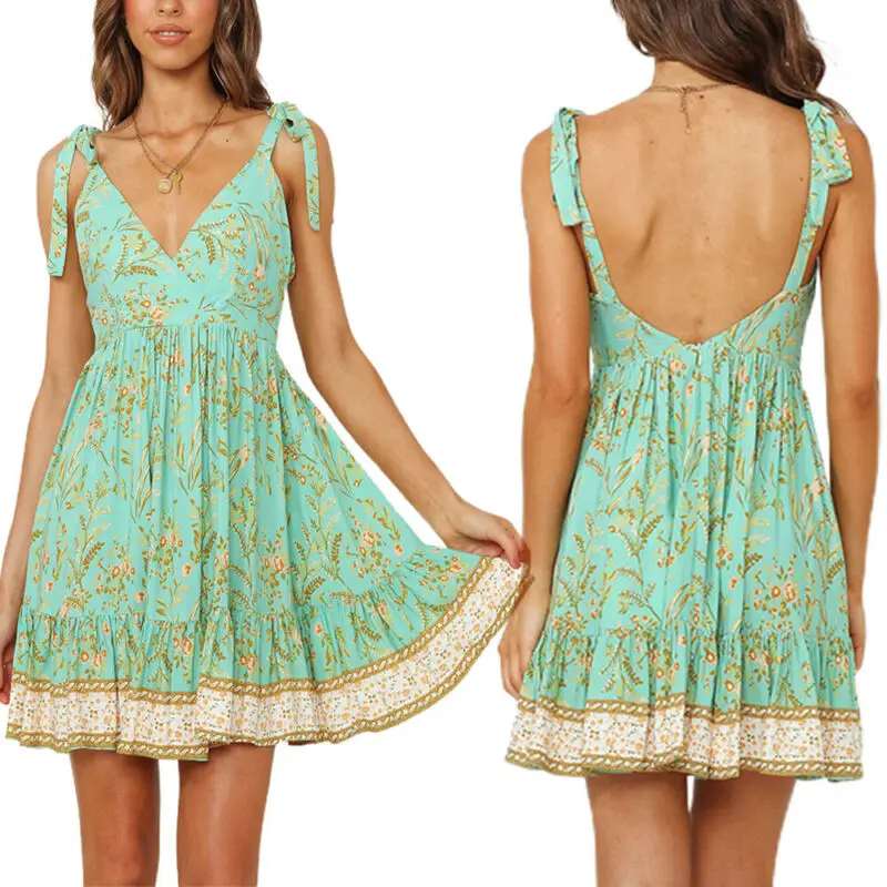 

Women Dress Summer 2021 Floral Printed Green Dress V Neck Casual Beach Holiday Sundress Spaghetti Strap Dresses Women