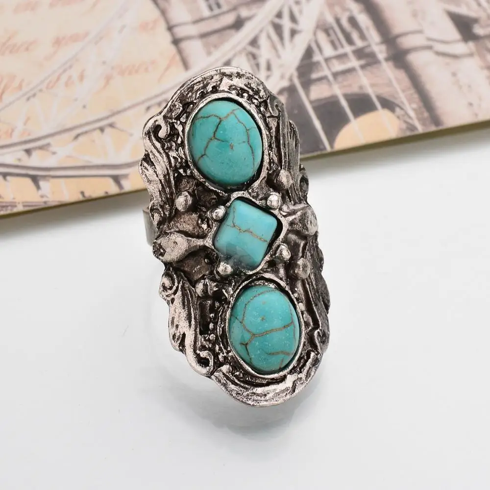 2020 NEW vintage ethnic Big geometric statement ring Bohemia Blue stone punk charm Ring Women party jewelry | Украшения и