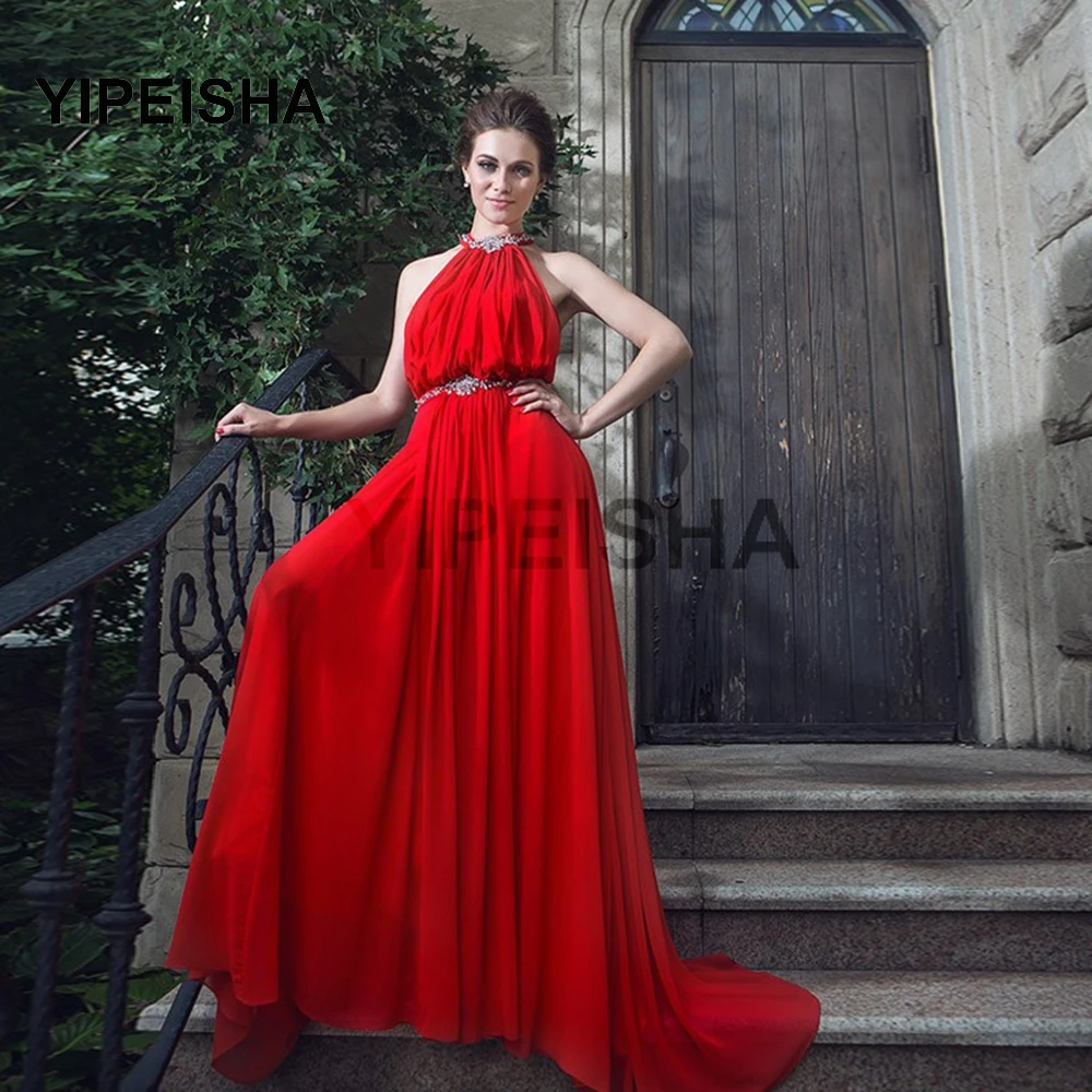 

Halter Simple Backless Evening Dress A-Line Sleeveless Crystal Beading Sweep Train Prom Party Gown robe de soirée de mariage