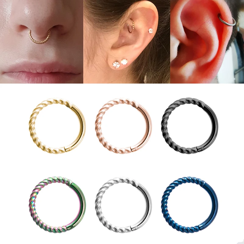 

1pc Twist Hoop Septum Piercing Stainless Steel Eyebrow Nose Ring Hinged Clicker Segment Cartilage Earring Ear Helix Jewelry 16G