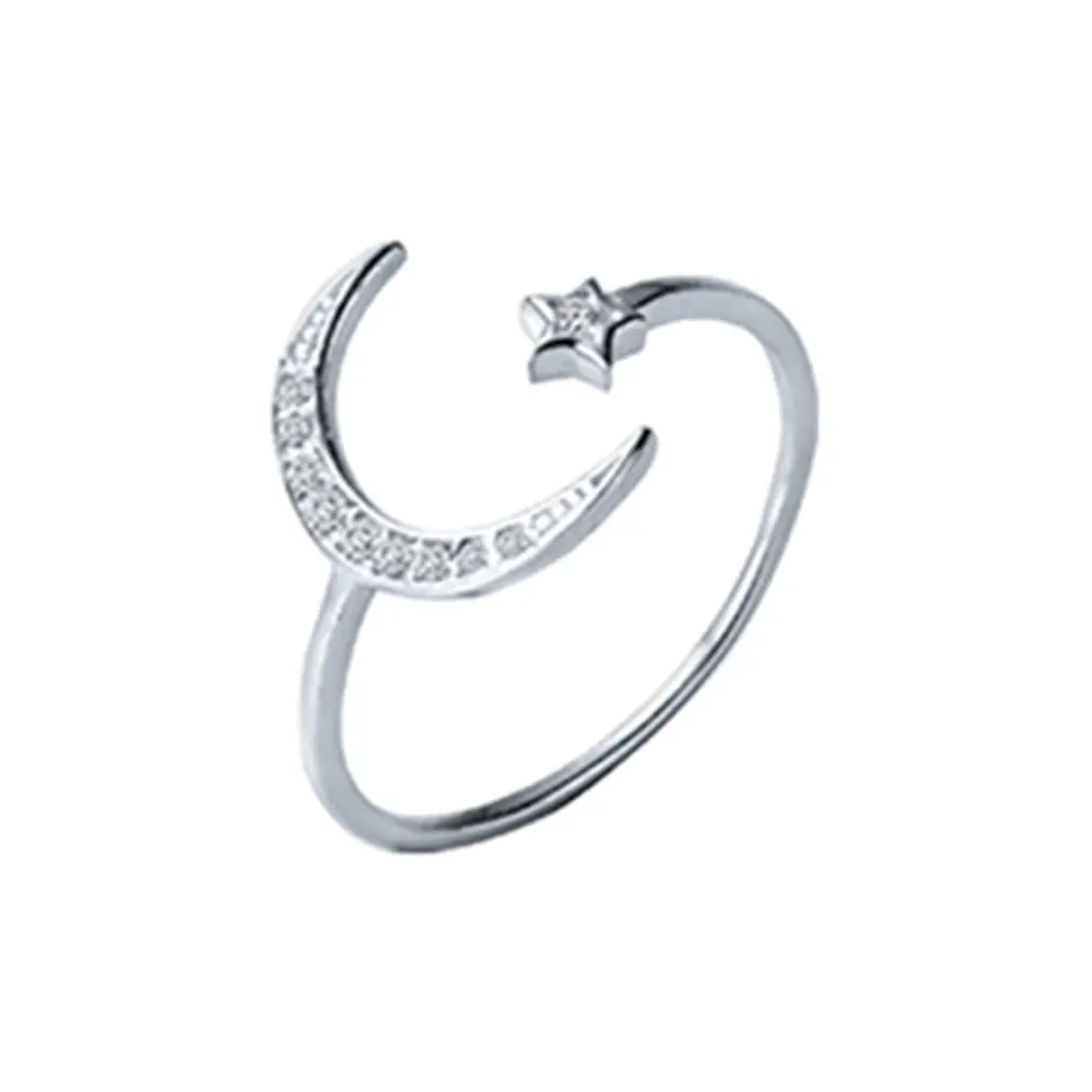 

New Fashion Adjustable S925 Sterling Silver Women Rings Rhinestone Moon Star Wedding Rings for Women Girls Party Wedding Jewelry