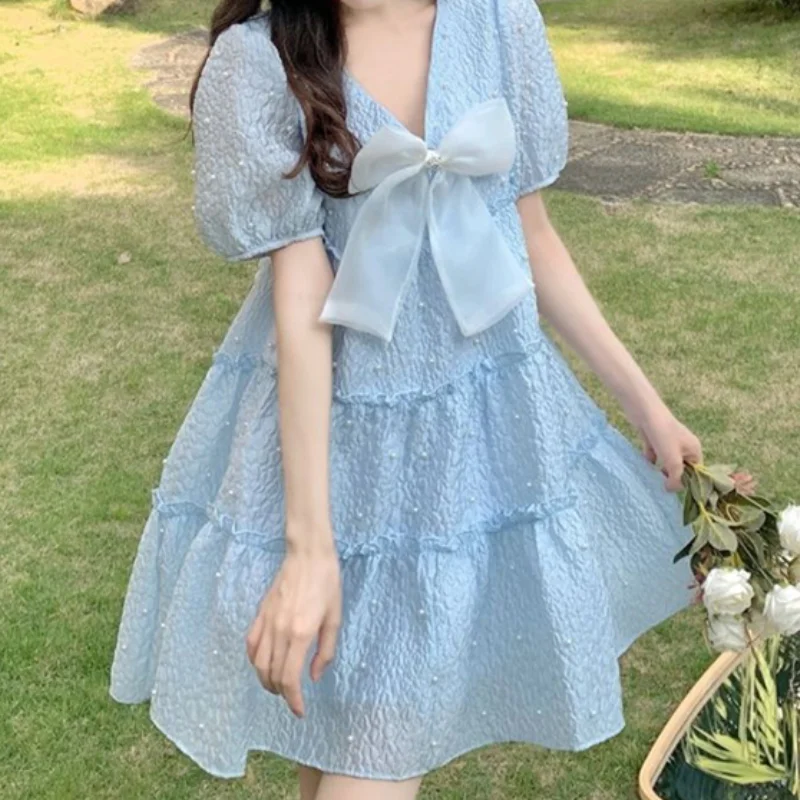 

French Sweet Lolita Dress Women Elegant Chic Bow Puff Sleeve Fairy Mini Dresses Female Kawaii V-Neck Holiday Beach Party Dress
