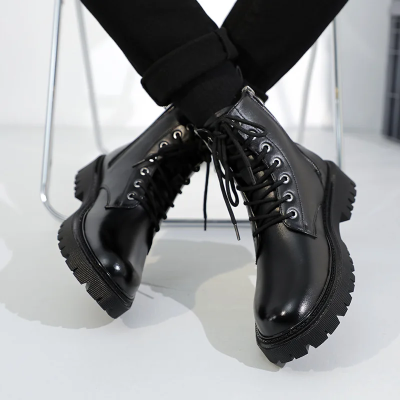 

Men Flat Boots Leather High Tube Platform Ankle Boots Side Zipper Plus Fleece Warm Waterproof Hiking Boots Mens Boots