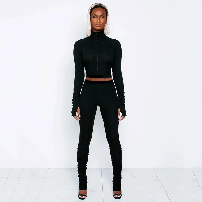 

Ff1036 хлопковый высокоэластичный комплект из двух предметов, женский топ на молнии с длинным рукавом и воротником и многослойные леггинсы, ко...