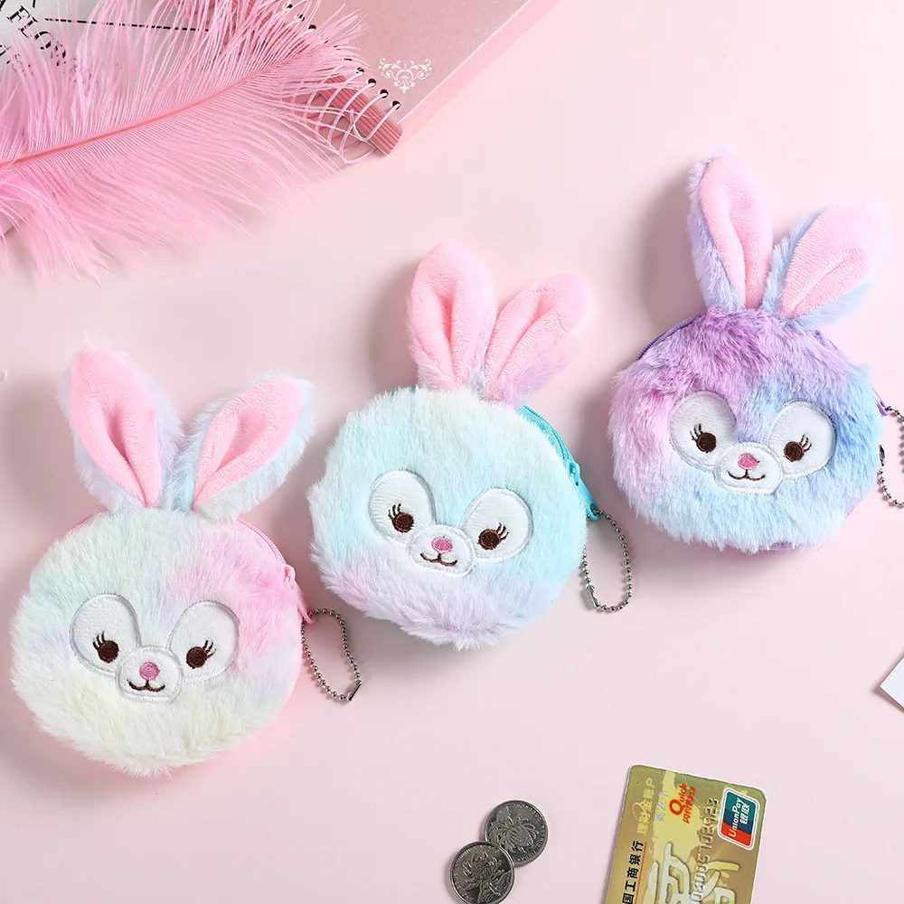 

Cute Cartoon Plush Bunny Coin Purse Soft Fur Circle Wallet Girl Clutch Embroidered Bag Key Earphone Organizer Bags Kids Gift