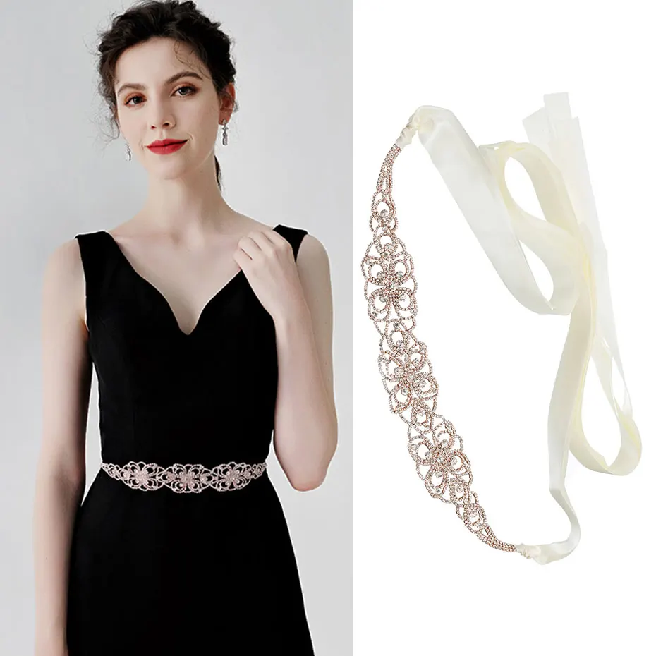 

Efily Fashion Rose Gold Rhinestones Bridal Belt for Women Handmade Crystal Sash Belt Wedding Accessories Dress Bridesmaid Gift