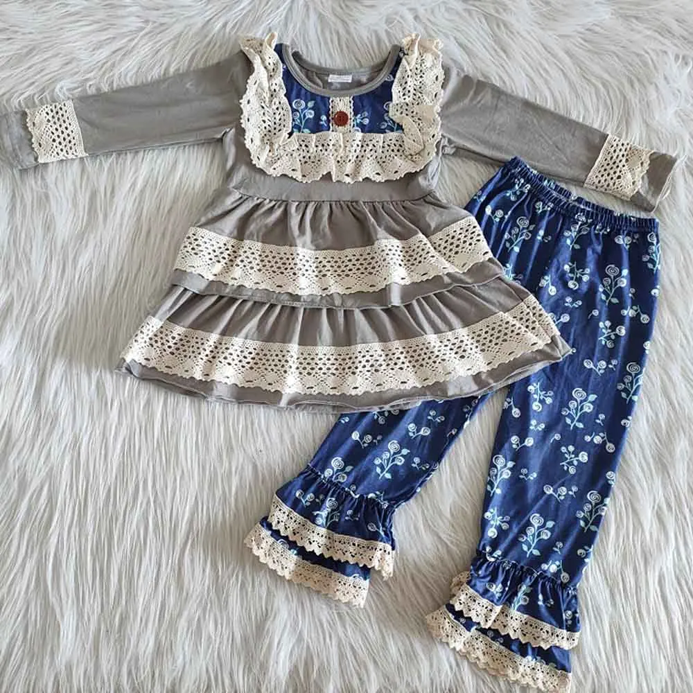 

wholesale children baby girls boutique Clothing sets Kids Multi-layer lace top ruffle flower pants Autumn winter clothes