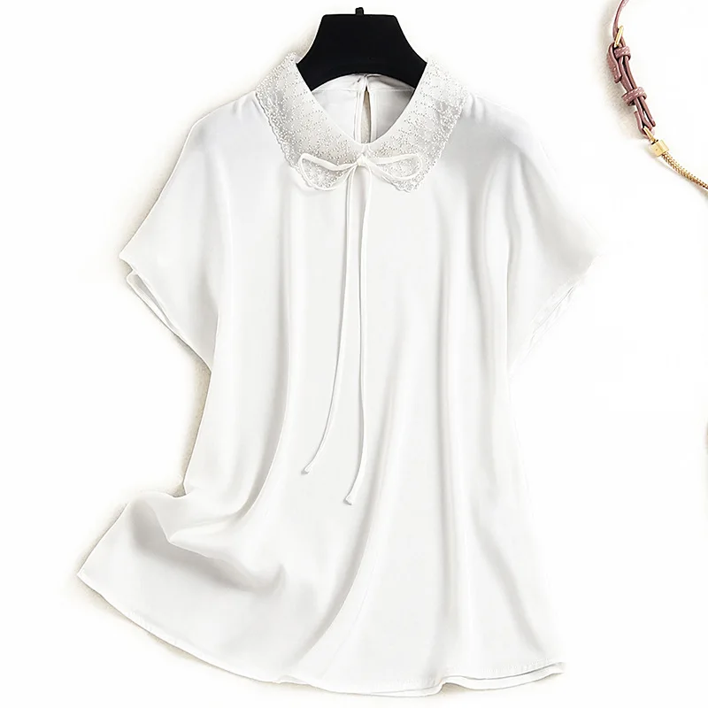 

Women fashion high quality beading peter pan collar silk tops summer 2021 designer bowknot short sleeve plus size blouses