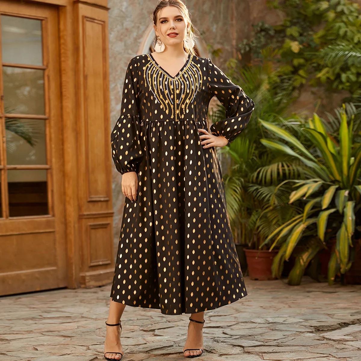 

Plus Size Spring Women Long Dress 2021 Fashion Cotton V-Neck Embroidery Bronzing Dot Printed Patchwork Slim Pullover Long Sleeve