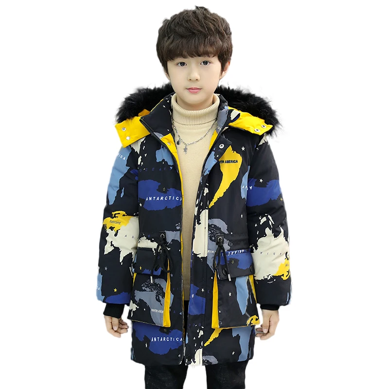 

Russian Winter Baby Boys Winter Coat Thickening Warm Parka 5-13 Years Old Fur Collar and Big Pocket Camouflage Print Long Coat