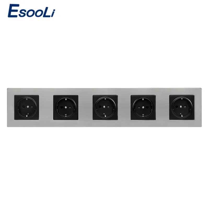 

Esooli Stainless Steel Panel 5 Gang Wall Socket 16A EU Russia Spain Electrical Outlet Silver Black Child Protective Door