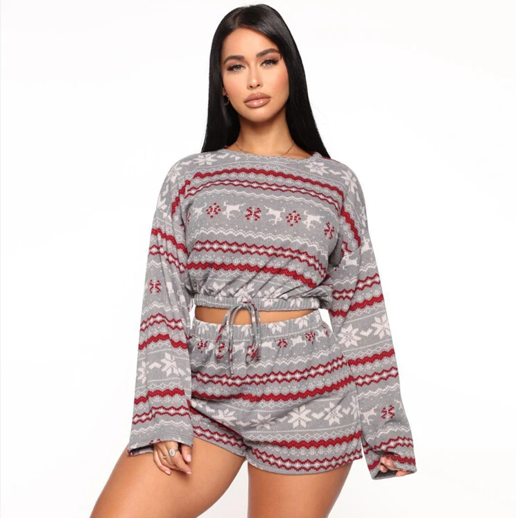 

2020 Christmas clothing printed long-sleeved shirt shorts casual pajamas female home service suit two-piece suit