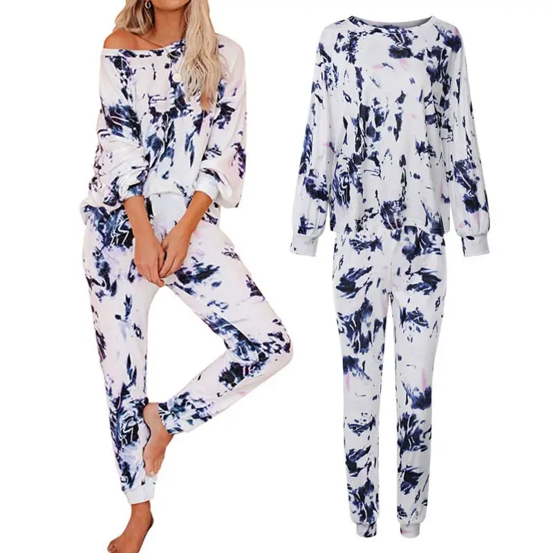 

2 Pcs/Set Women Tie Dye Printed Pajamas Suit Long Sleeve Pullover Tops Long Pants Sleepwear Loose Home Loungewear