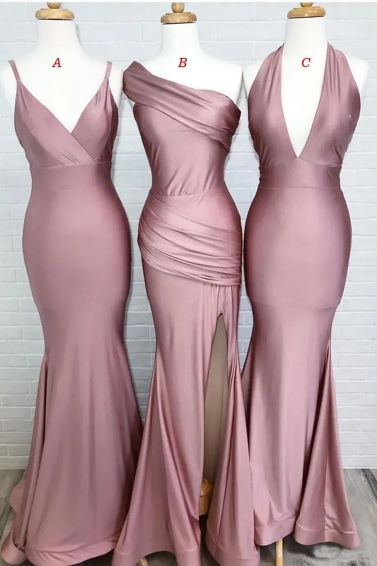 

2021 Modest Side Split Long Maid of Honor Dress Sexy Wedding Party Gowns Difference Neckline Cheap Bridesmaid Dresses плае