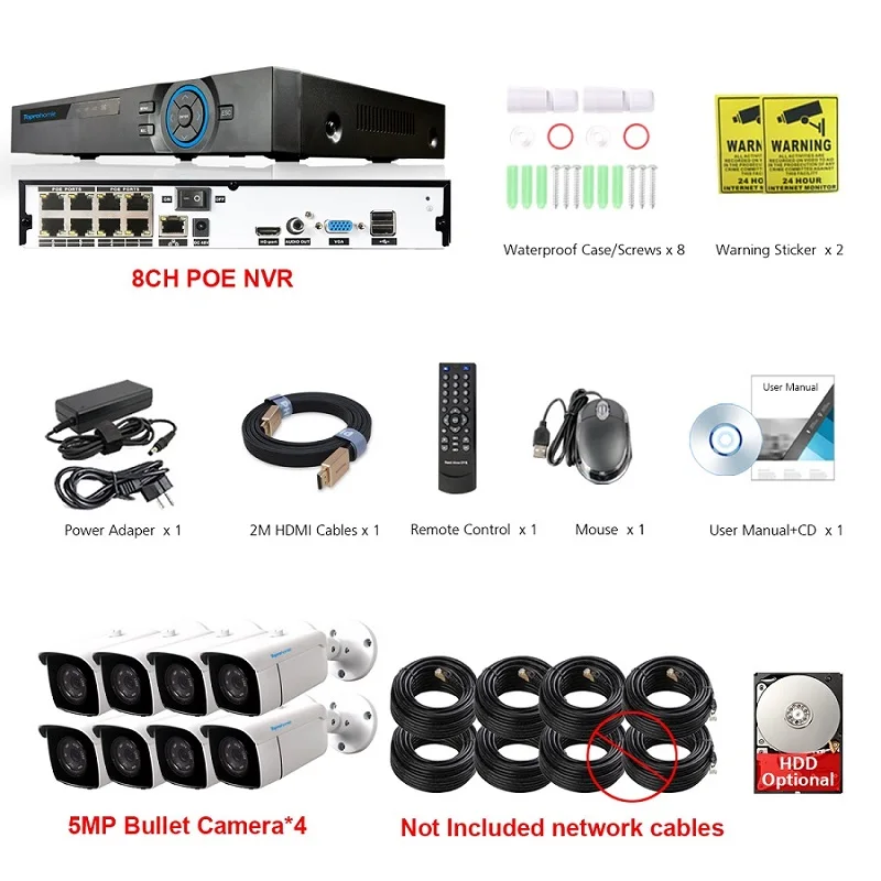 8 Camera No Cables Toprohomie H.265+ 8CH POE IP CCTV Системы 48V 5MP безопасности камера Аудио запись POE IP Камера ночного видения Камеры скрытого видеонаблюдения - Цвет: 8 Camera No Cables