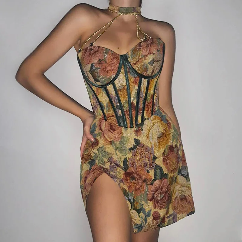 

Женское платье с открытыми плечами, облегающее мини-платье с цветочным принтом, с цепочкой, Боковым Разрезом и открытыми плечами, с бретельк...