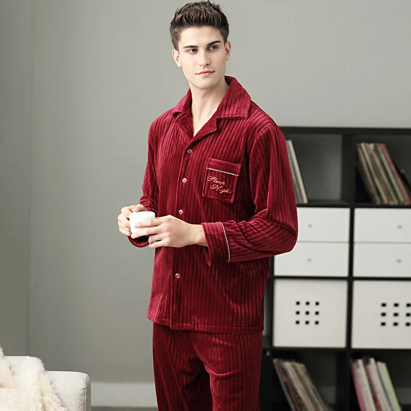 Men's Frankind Autumn Winter Red Home Set Island Velvet Plus Thick Warm Cardigan Festive Wedding Pajamas Sets Lounge Nightwear