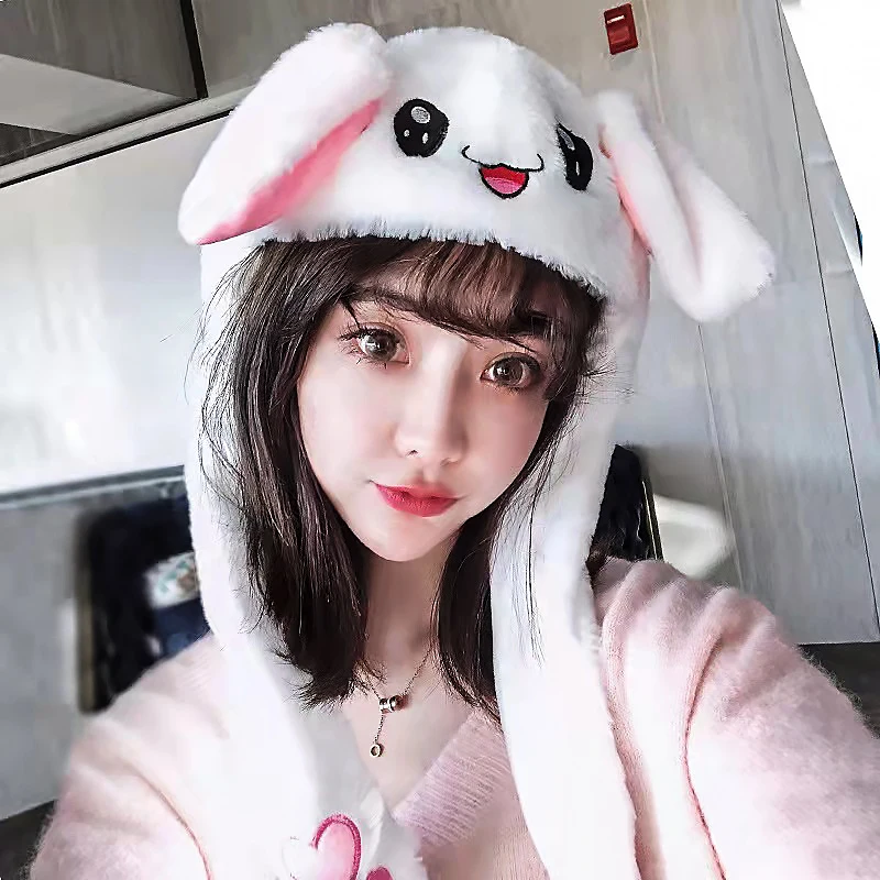 Tik Tok Cute Cartoon Rabbit Ear Hat Caps Plush Embroidery Movable Rabbit Ear Hat Warm Hat Cap Ladies Sombrero Mujer Women Hat