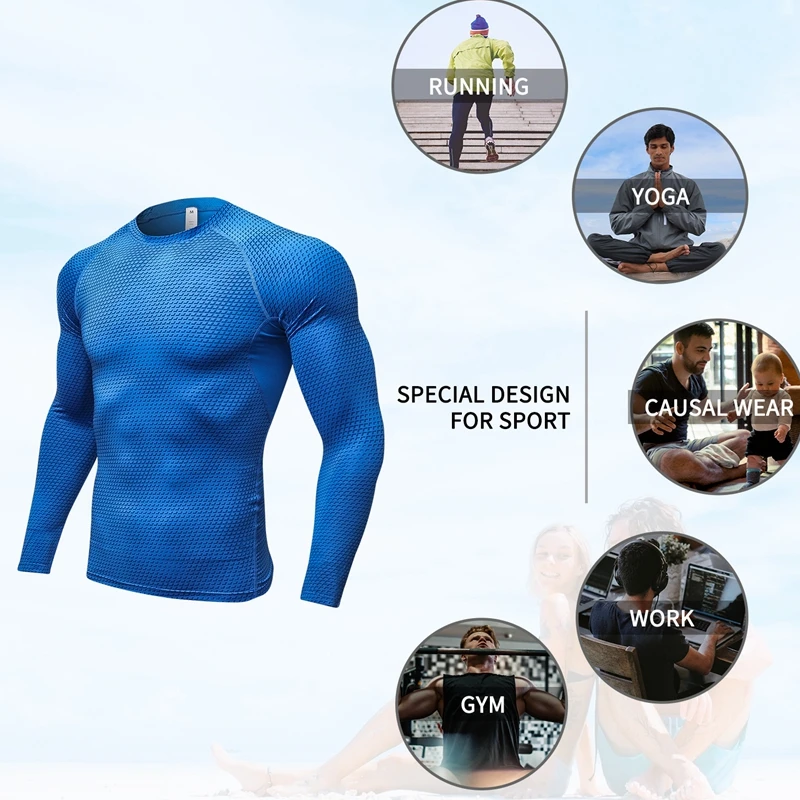 New Men's Pure Color Sports Tight Elastic Sweating Quick Drying Long Sleeved Shirt Compression Fitness Shirt Cycling BaseLayer
