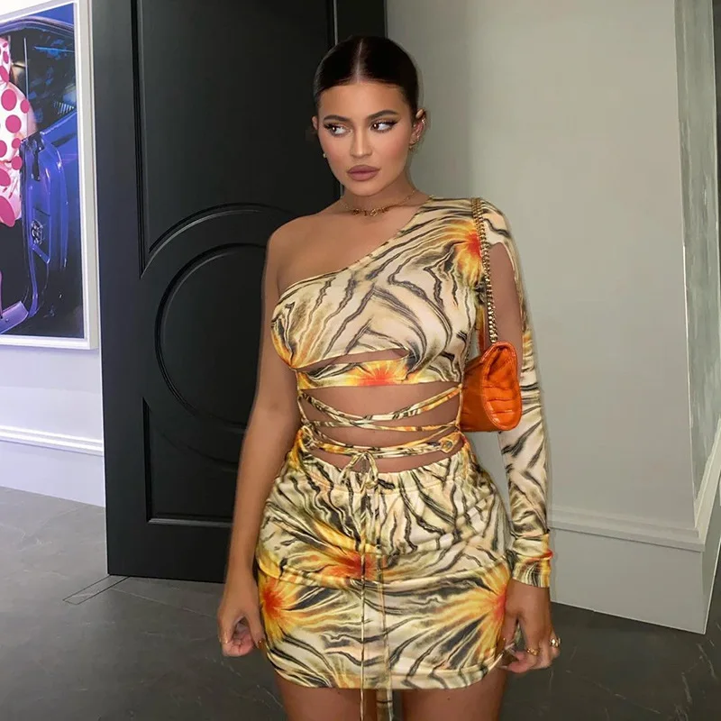 

Lace Up Floral Print Mini Dresses Women Bandage One Shoulder Sexy Skinny Bodycon Clubwear Female Fashion Outfits Hot