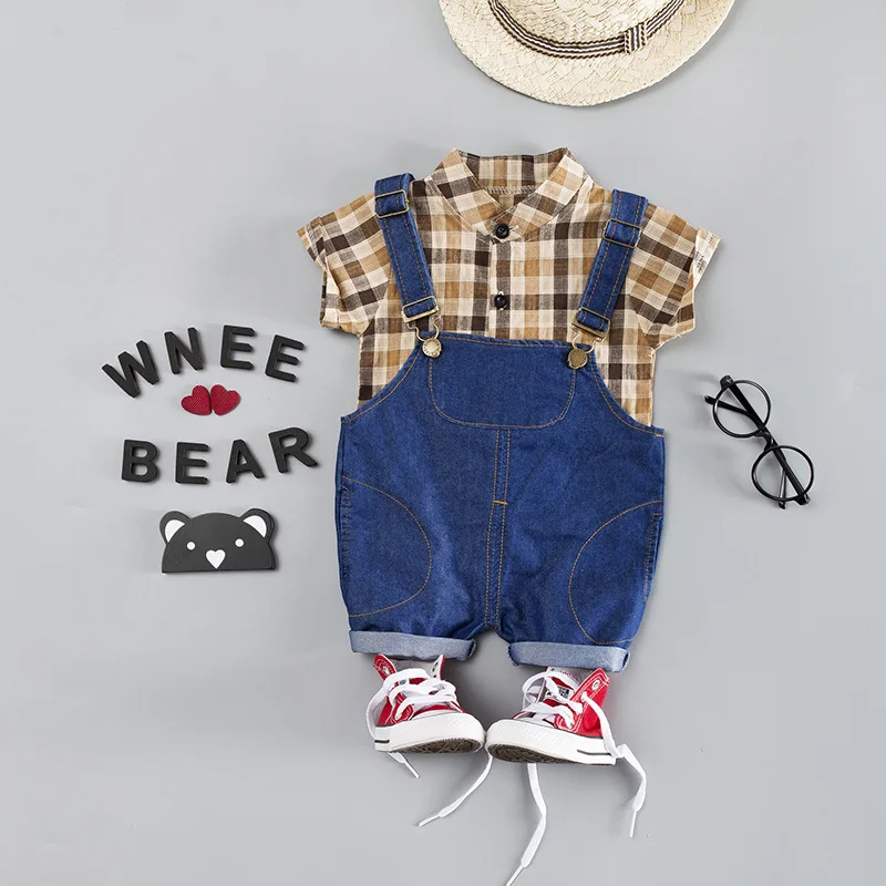 Summer Children Baby Boys Clothes Lattice T-Shirt Strap Shorts Cotton Bib Pants Child Toddler Fashion Clothing Infant Tracksuits | Детская